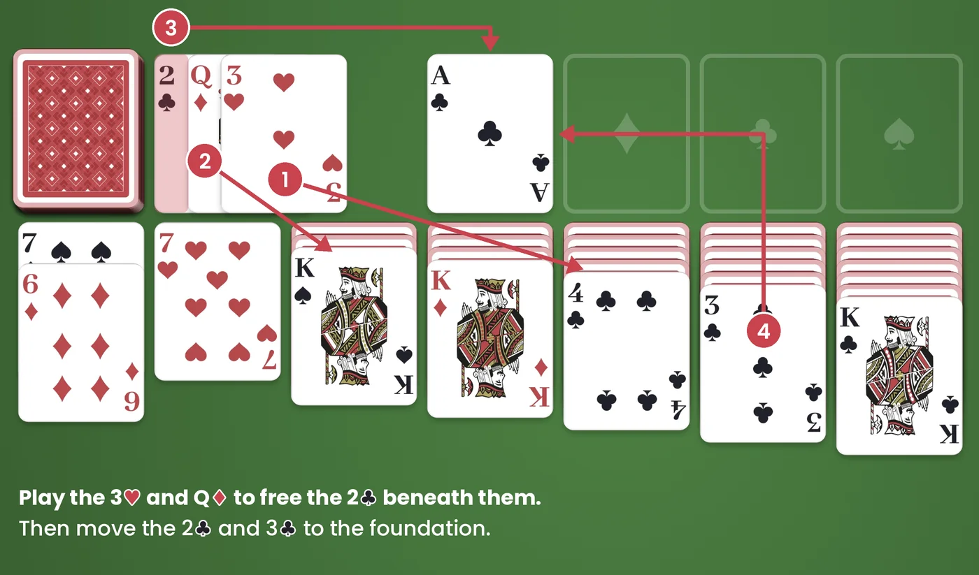 turn 3 solitaire example playing waste cards to free a buried card