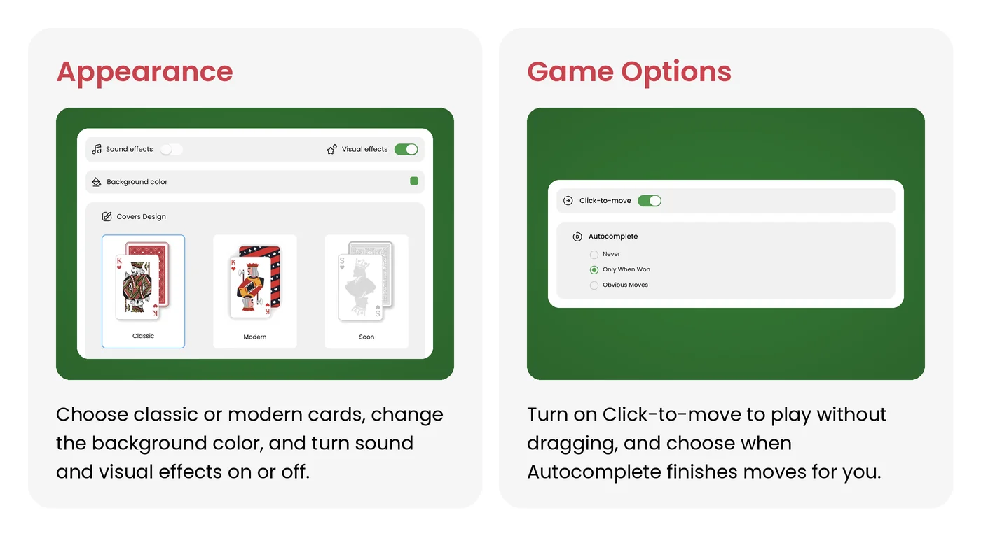 solitairestreak appearance and game options settings