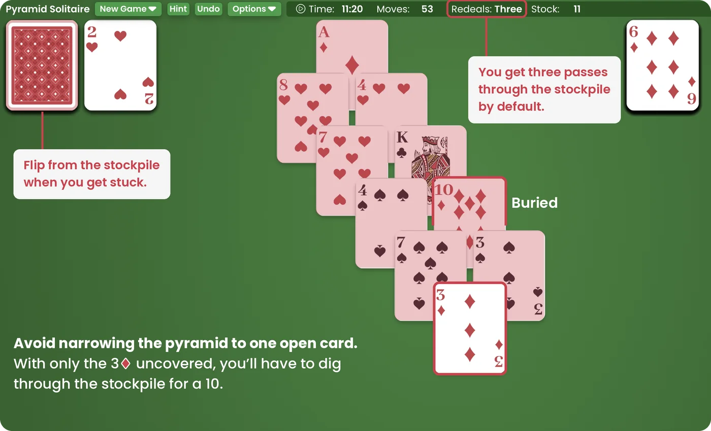 pyramid solitaire mistake leaving only one uncovered card to pair