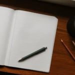 notepad open on table with pen next to it